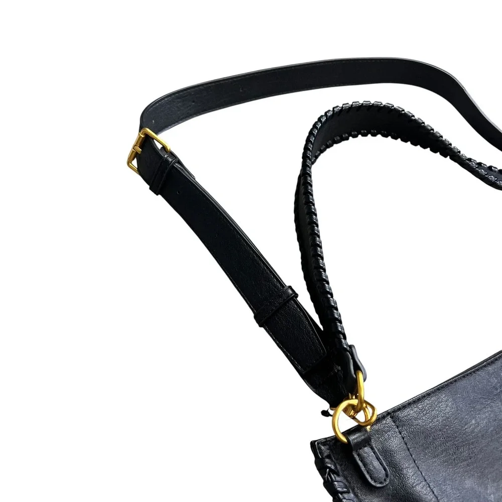 Antik Kraft Black Vegan Leather Whipstitch Hobo Bag Gold Hardware Crossbody